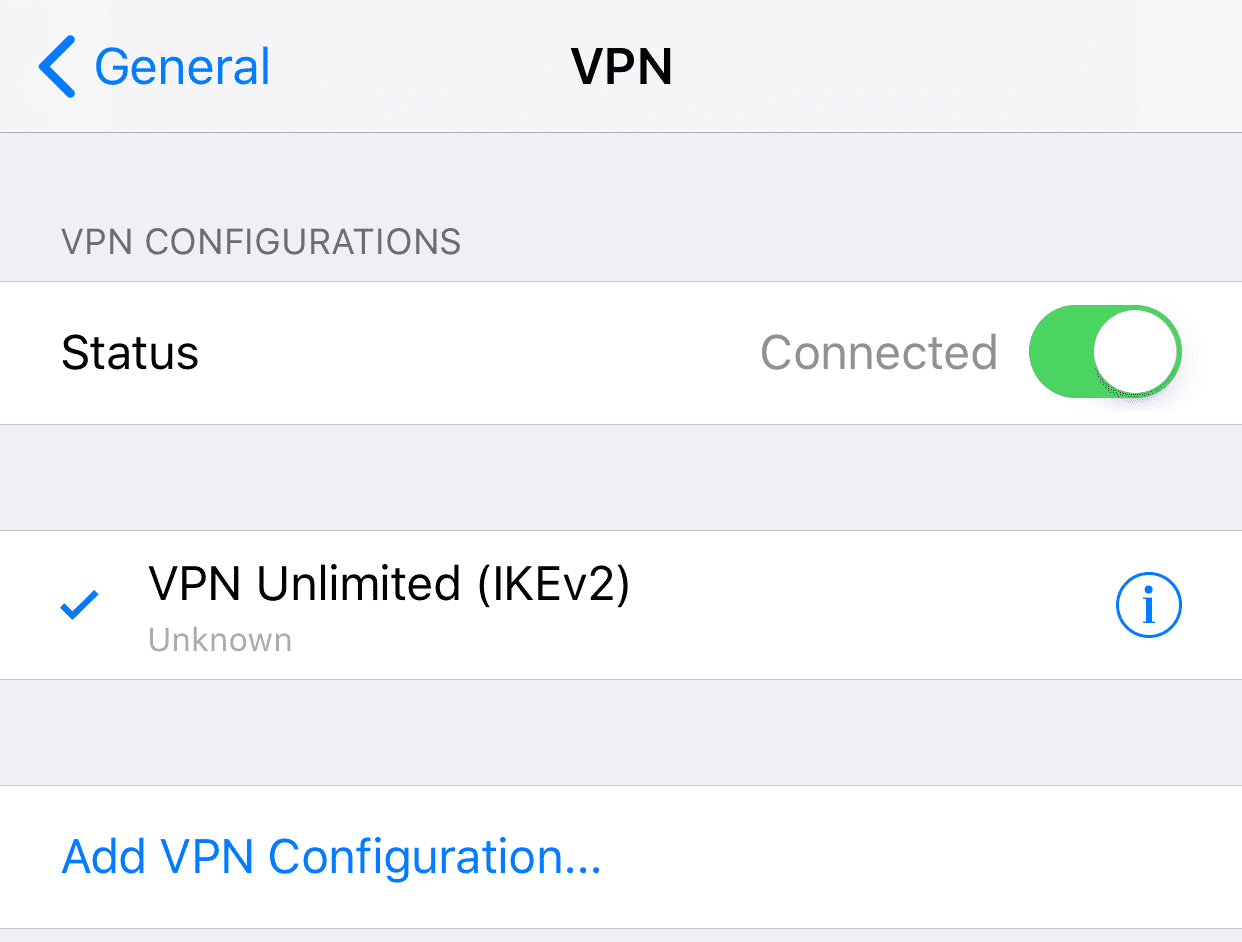 Now just switch the toggle to enable the new VPN connection - IKEv2 configuration guide for iOS