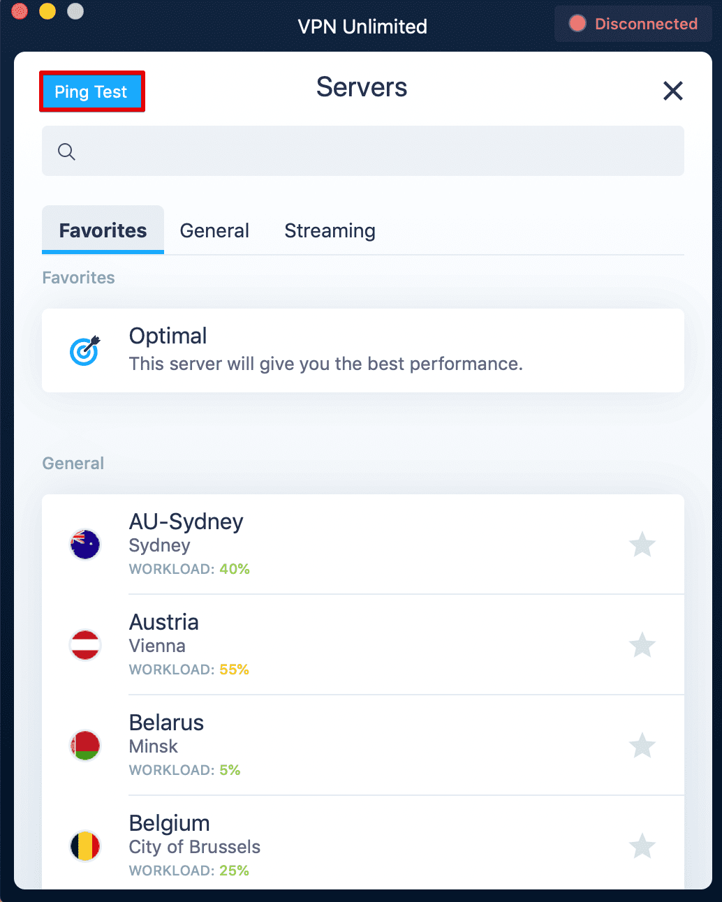 Ping Test button in KeepSolid VPN Unlimited app on macOS