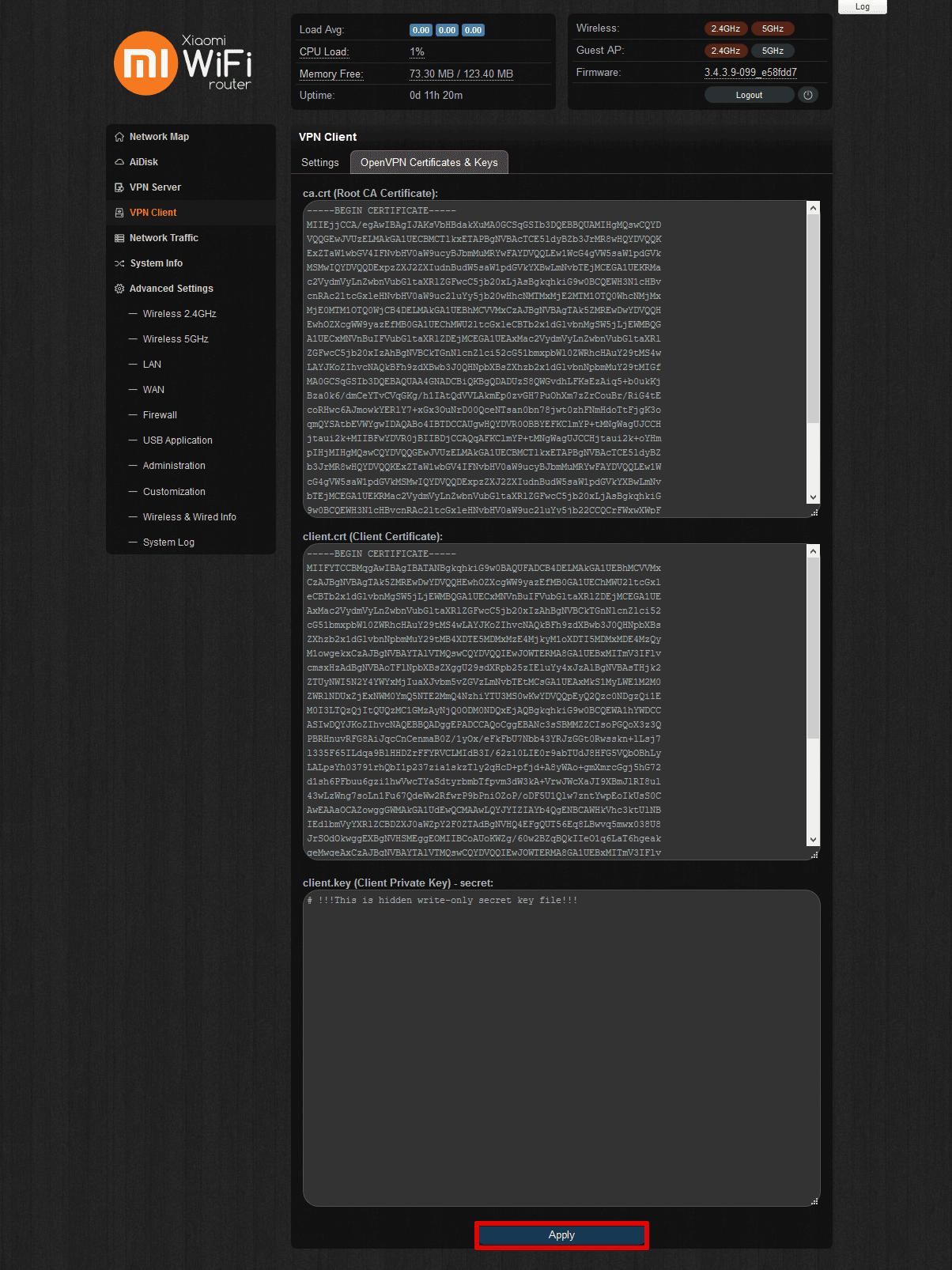 Configuring OpenVPN client on Xiaomi router - applying settings